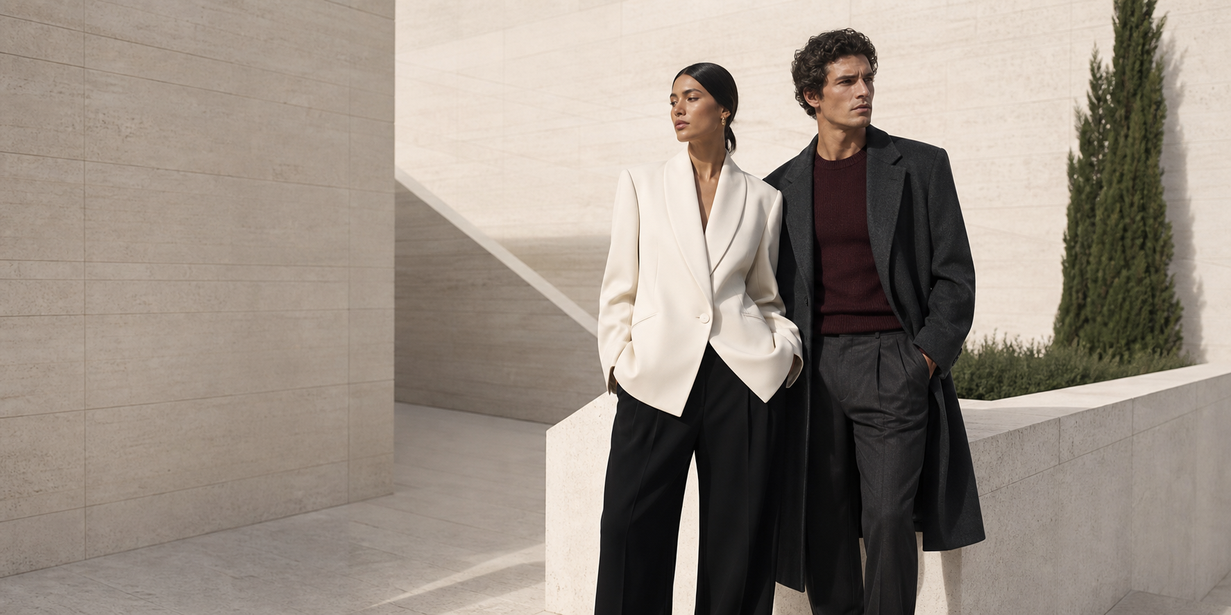 A woman and man wearing ÉLANE tailoring